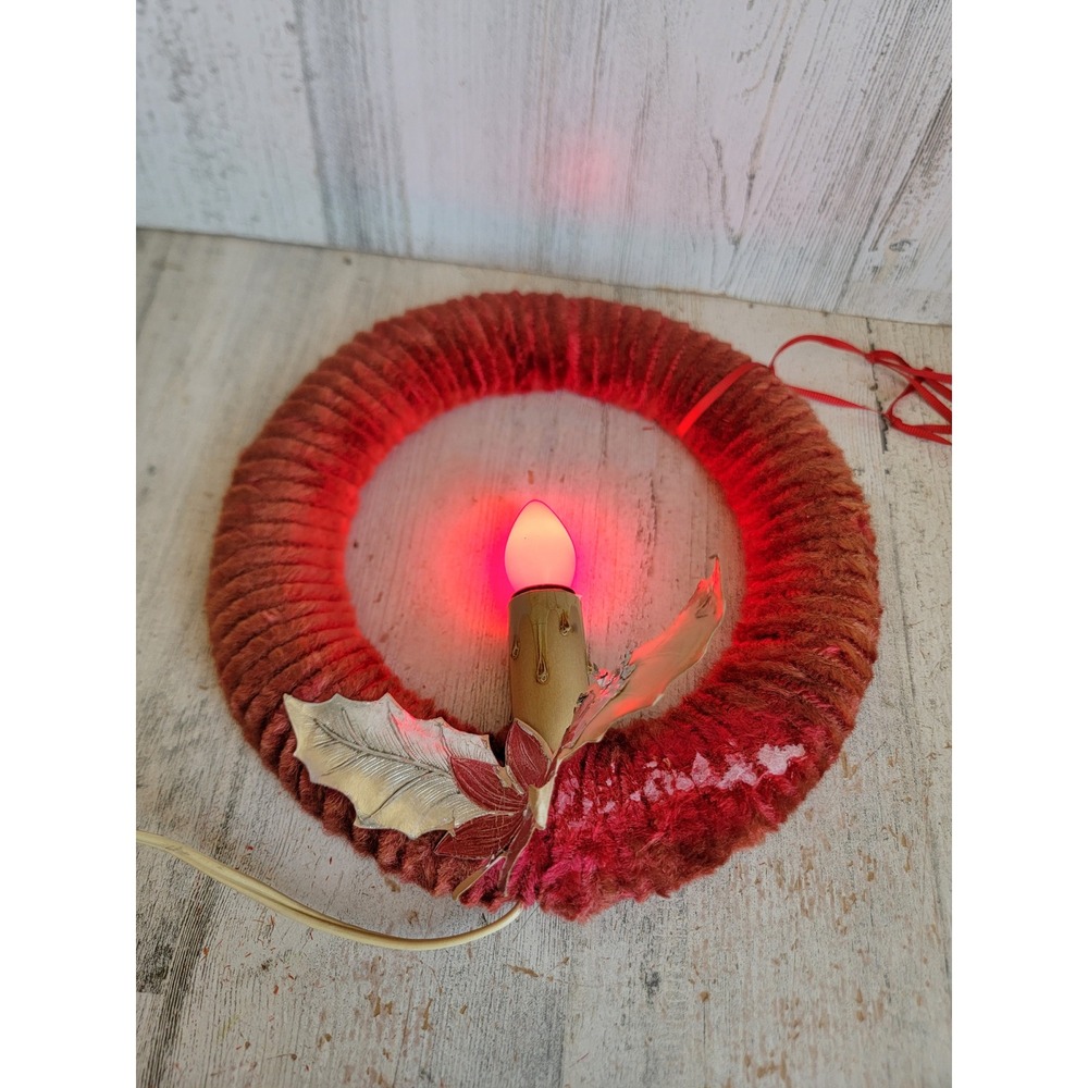 Vintage red fuzz Mistletoe wreath light up Xmas holly hanging unique home decor